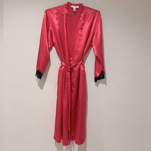 EUC Vintage Oscar de la Renta Red/Pink Satin Polyester Robe Sz. L Black Lace - Picture 1 of 5